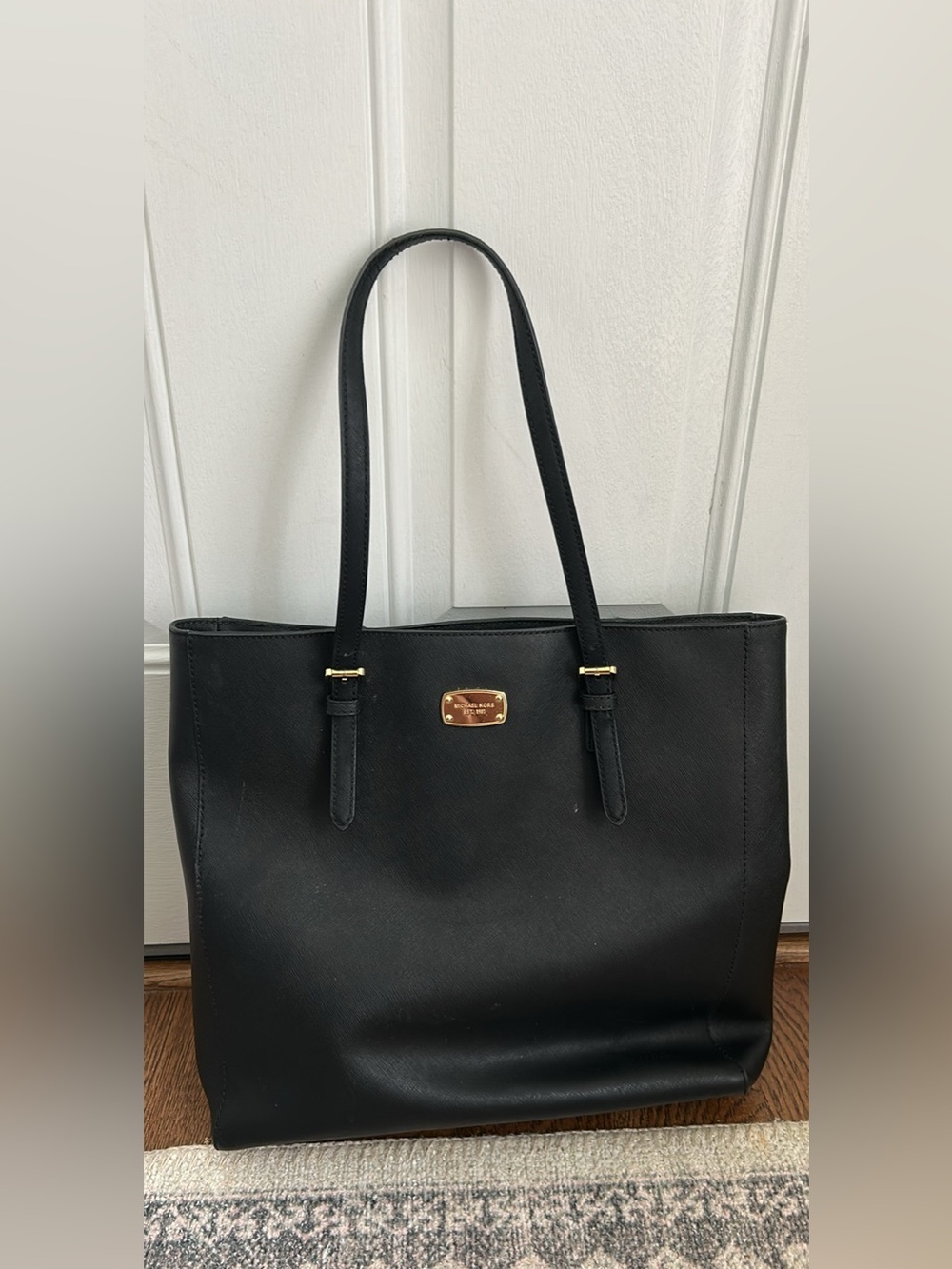 Michael Kors Black Leather Tote Bag with Gold Accent